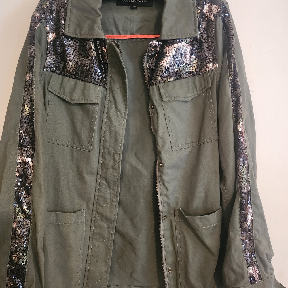 Sequin Embellished Utility Jacket in Green